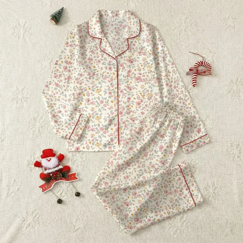 Women's Delicate Hand-Drawn Ditsy Blush Pink Floral with Mustard Berries & Grey-Green Leaves on Cream Satin Pajamas Set - 1