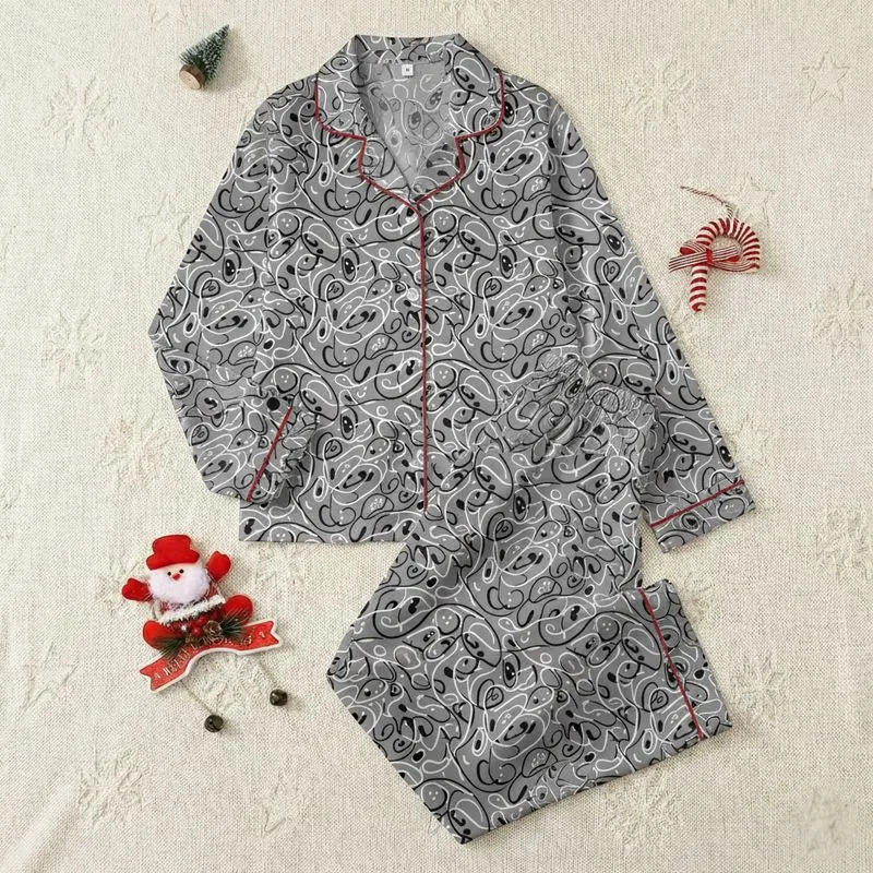 Modern Flow: Seamless Charcoal Grey Organic Shapes - Subtle Accent Style Piece Satin Pajamas Set - 1