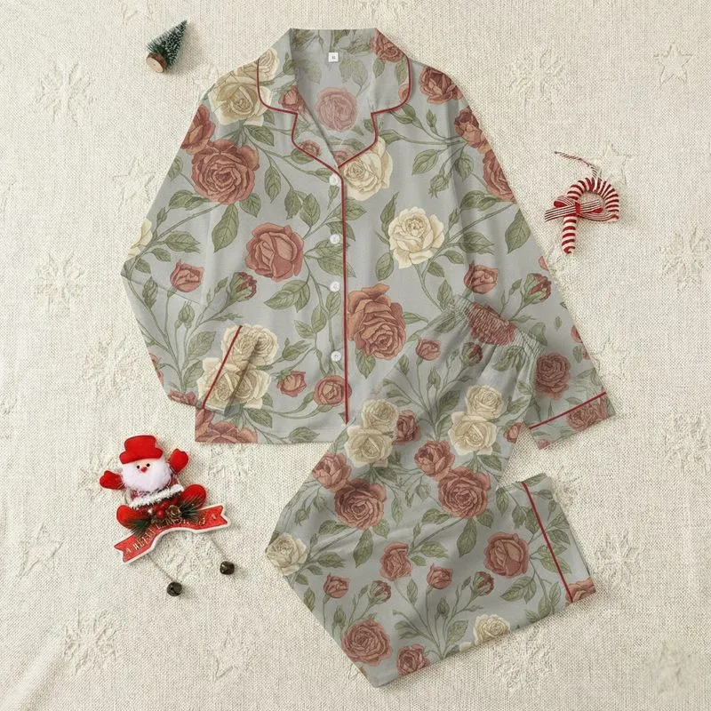 Women's Realistic Botanical Rose All-Over Print in Muted Greige, Dusty Pink & Sage Satin Pajamas Set - 1