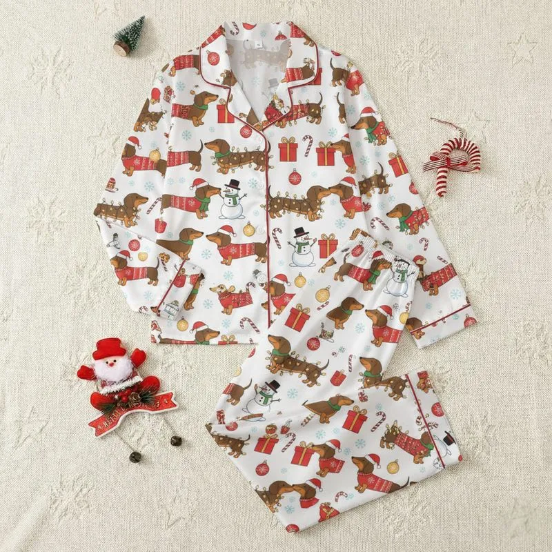 Women's Whimsical White Christmas Dachshund Dog Festive Holiday Pattern with Red Santa Hats Green Scarves Satin Pajamas Set - 1
