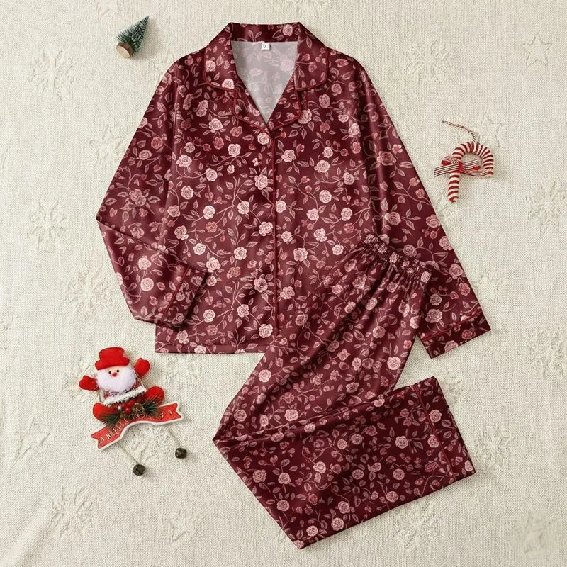 Vintage Charm: Maroon Rose & Berry Hand-Drawn Floral Motif Satin Pajamas Set - 1