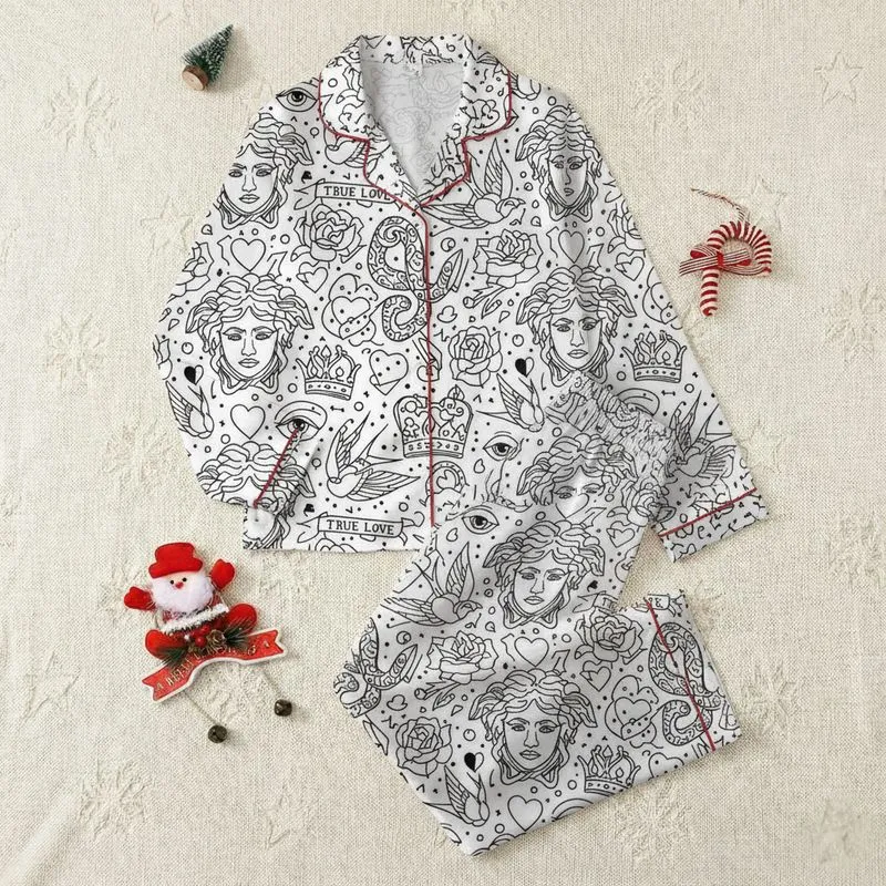 Rebel Heart Aesthetic: Medusa Dagger Rose Crown Dice Vintage Tattoo Pattern Textile Canvas Satin Pajamas Set - 1