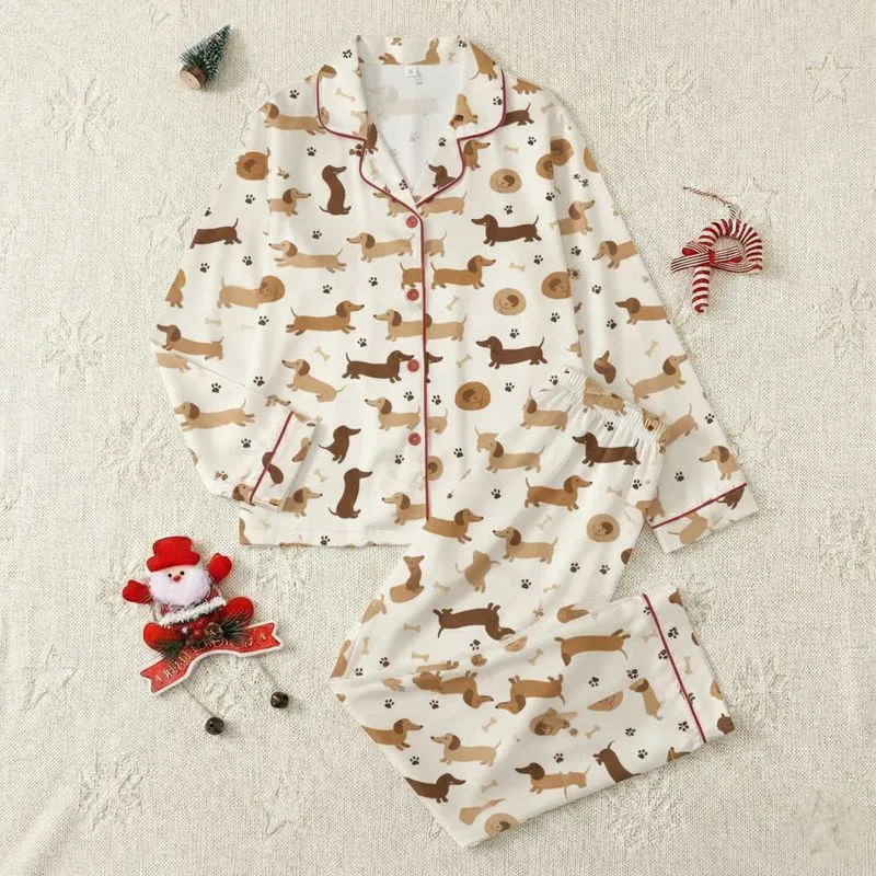 Women's Whimsical Dachshund Dog Creamy Off-White Brown Poses Paw Print & Bone Pattern Satin Pajamas Set - 1