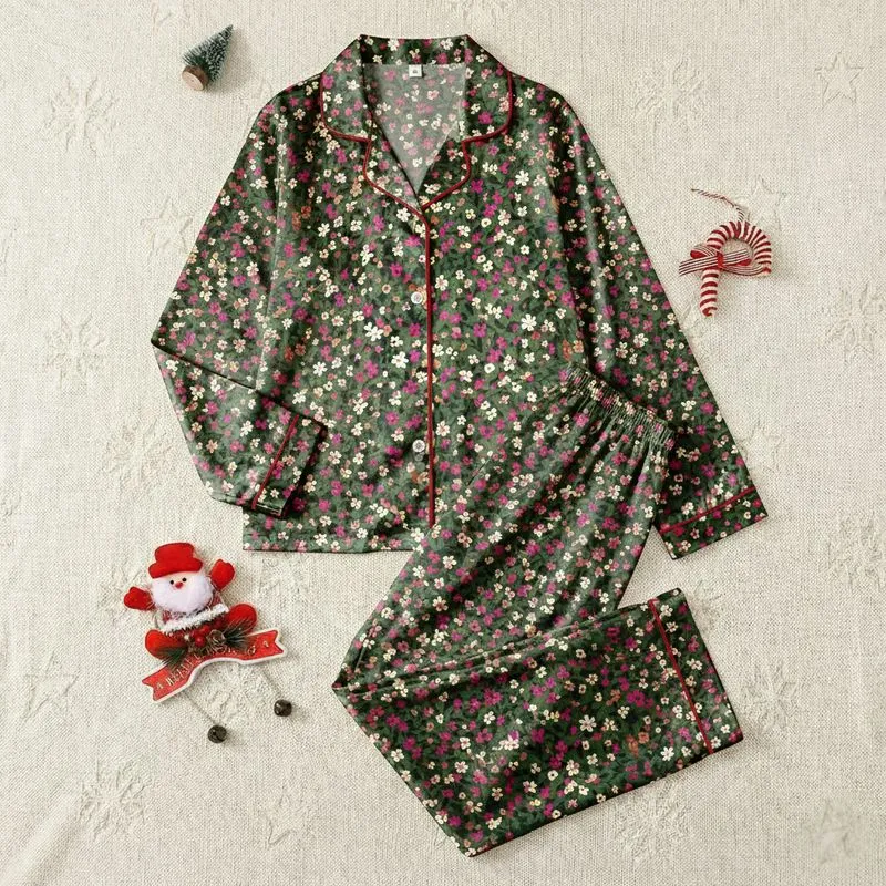 Women's Vintage Naive Deep Forest Green Ditsy Floral Pattern, Fuchsia Cream Brown Satin Pajamas Set - 1