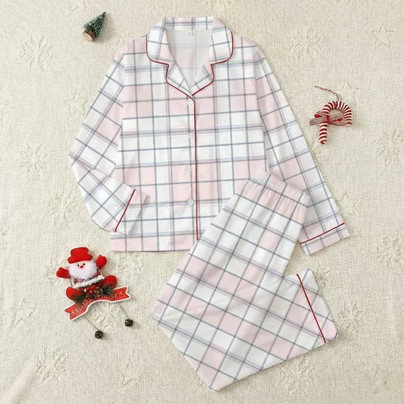 Women's Sophisticated Tartan Plaid Geometric Grid with Crisp White, Pastel Pink, Light Blue, Black, Grey & Brown Satin Pajamas Set - 1