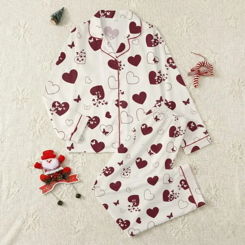 Women's Creamy Off-White Elegant Deep Burgundy & White Outline Hearts & Swirling Butterflies Illustrative Pattern Satin Pajamas Set - 1