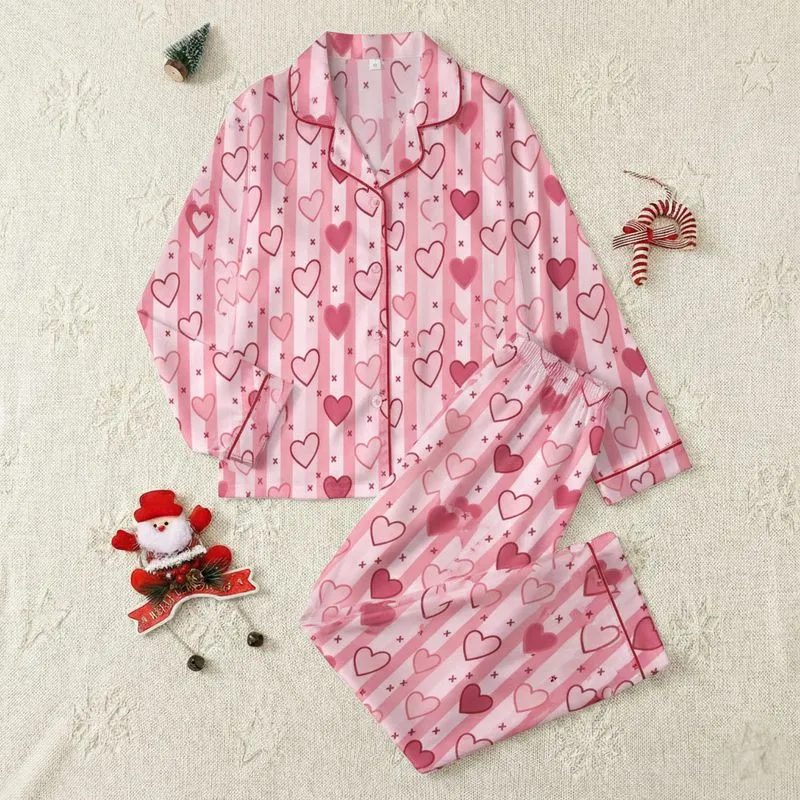 Women's Sweet Pink Hearts & Red X-Marks on Vertical Pastel Pink Stripes Satin Pajamas Set - 1