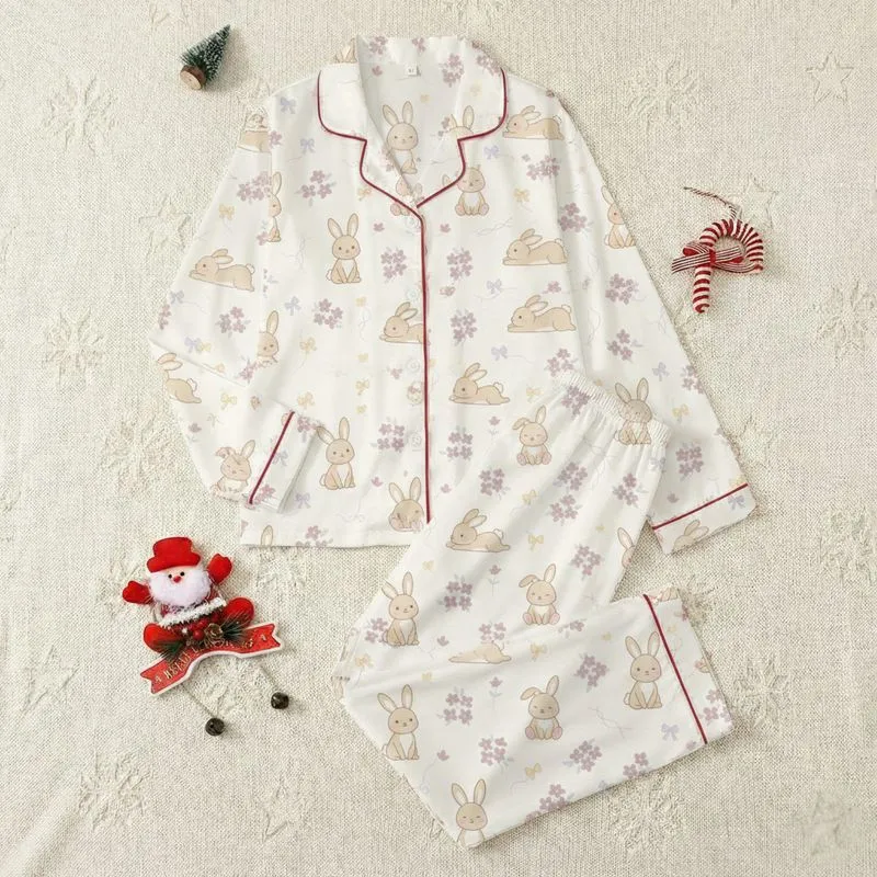Women's Creamy Off-White Whimsical Tan Bunny Mauve Floral Pastel Bows Vine Pattern Satin Pajamas Set - 1