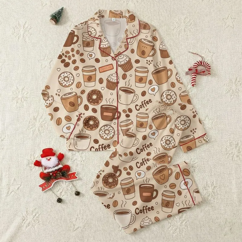 Coffee Lovers' Whimsical Hand-Drawn Coffee & Donut Pattern, Light Beige, Espresso Cups & Caramel Brown Accents Satin Pajamas Set - 1