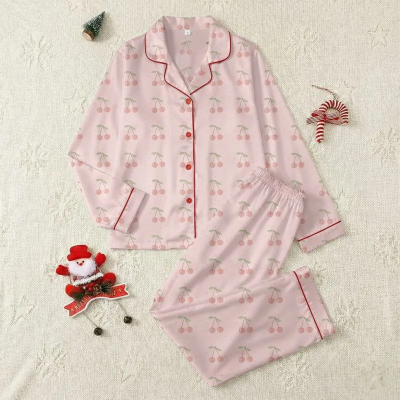 Women's Minimalist Hand-Drawn Soft Pink Cherry Cluster Pattern Light Green Leaves Satin Pajamas Set - 1
