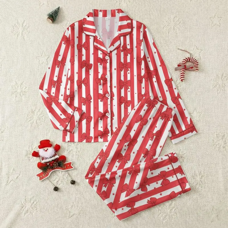 Women's Vibrant Red White Stripe Sweet Playful Bow Polka Dot Star Pattern Satin Pajamas Set - 1
