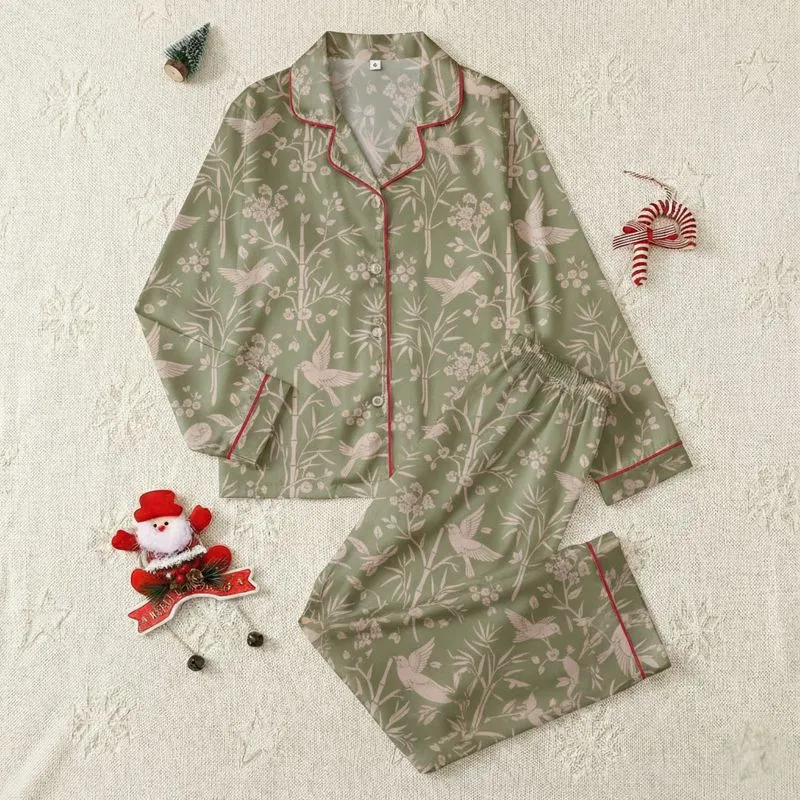 Women's Verdant Olive Green Dusty Rose Botanical Birds & Bamboo Blossom Pattern Satin Pajamas Set - 1
