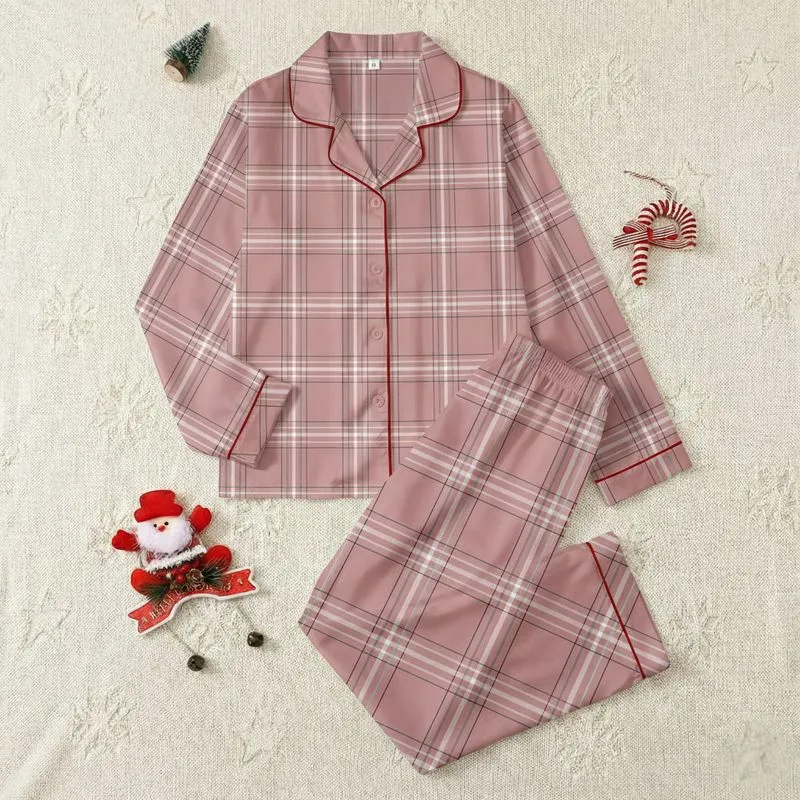 Women's Dusty Rose White Charcoal Black Classic Tartan Plaid Geometric Pattern Satin Pajamas Set - 1