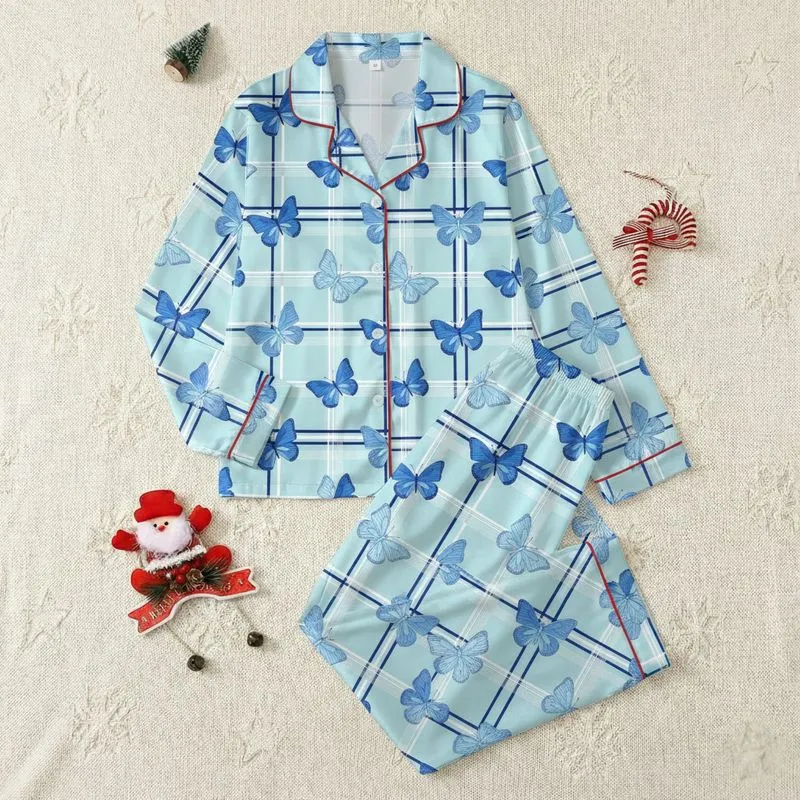 Women's Illustrative Sky Royal Blue Butterfly White Light Grey Dark Blue Plaid Aqua Pattern Satin Pajamas Set - 1