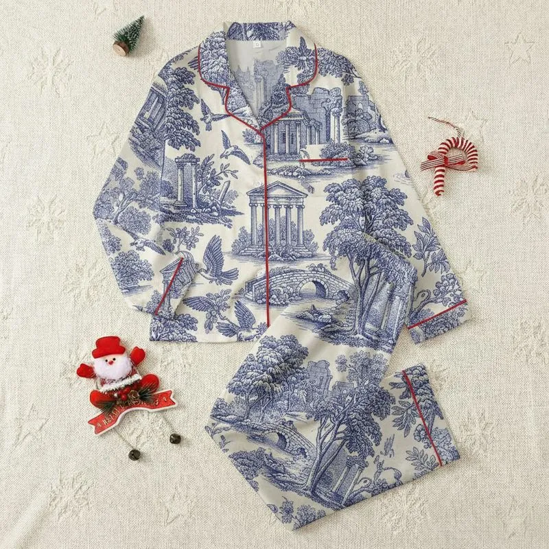 Women's Navy Blue Cream Toile de Jouy Pastoral Forest River Swan Pattern Satin Pajamas Set - 1