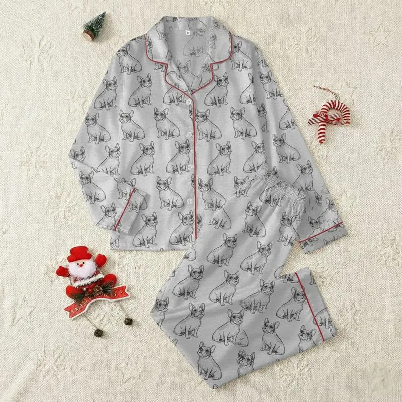 Women's Heather Grey Playful Illustrative French Bulldog Seamless Pattern Satin Pajamas Set - 1