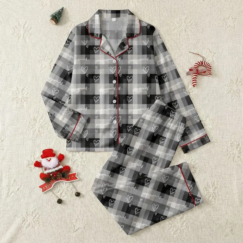 Women's Classic Black White Grey Plaid Good Morning Script & White Outline Heart Graphic Satin Pajamas Set - 1