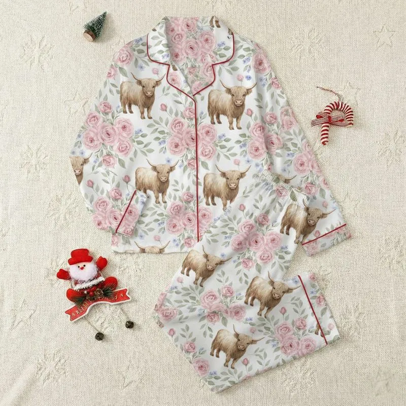 Women's Whimsical Watercolor Highland Cow & Pink Rose Floral Pattern Satin Pajamas Set - 1