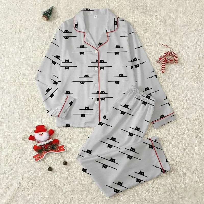Women's Minimalist Black Cat Silhouette Peeking Line Art Pattern on Soft Heather Grey Satin Pajamas Set - 1