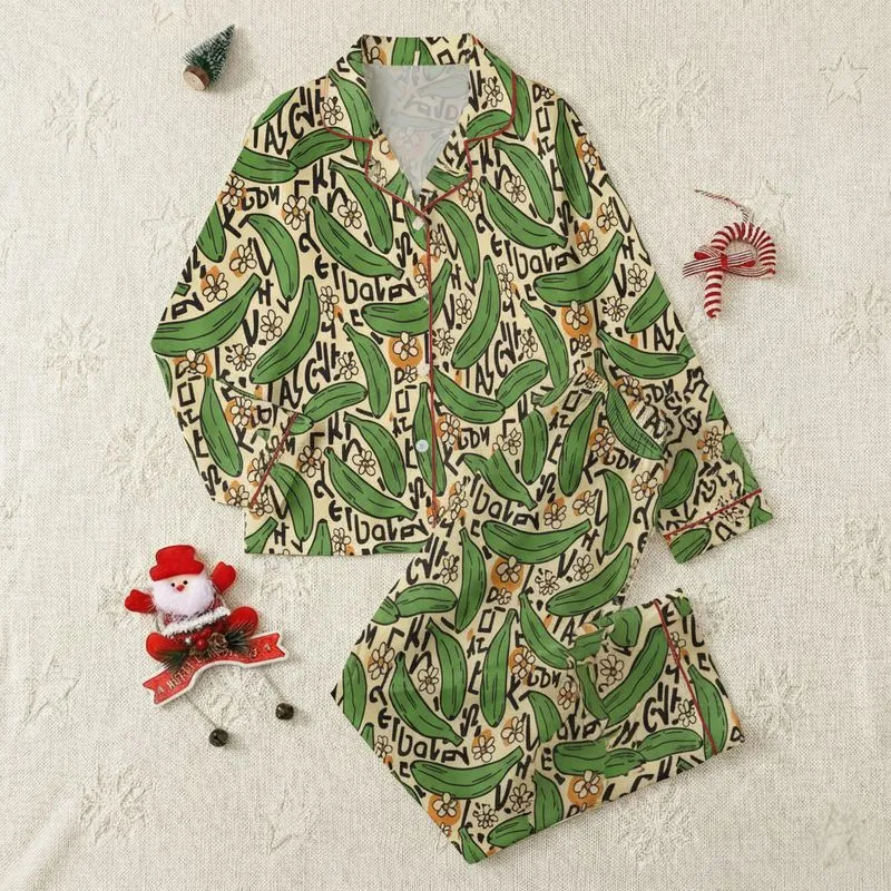 Women's Naive Hand-Drawn Cream Green Banana Black Outline Abstract Text Orange Daisy Floral Pattern Satin Pajamas Set - 1