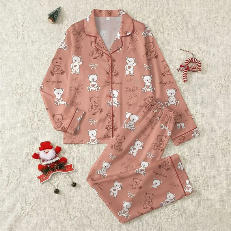 Women's Muted Salmon Pink Whimsical Sketch Teddy Bear & Bow Pattern with Reddish-Brown & White Accents Satin Pajamas Set - 1