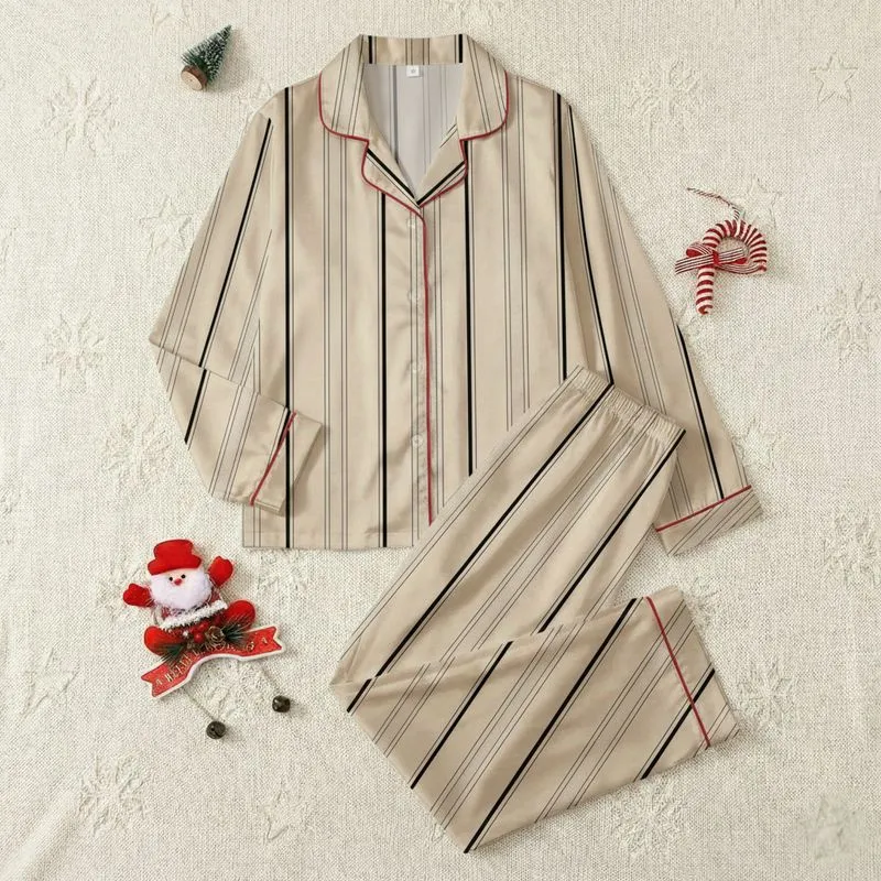 Women's Sophisticated Champagne Beige Vertical Stripe Geometric with Subtle Herringbone Texture & Black Pinstripes Satin Pajamas Set - 1