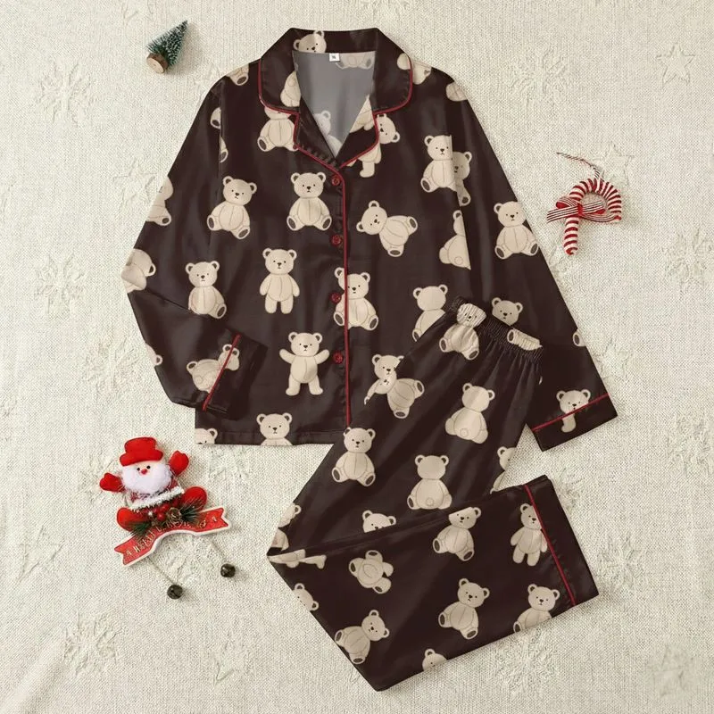 Women's Dark Brown Cream Beige Naive Hand-Drawn Teddy Bear Pattern Satin Pajamas Set - 1