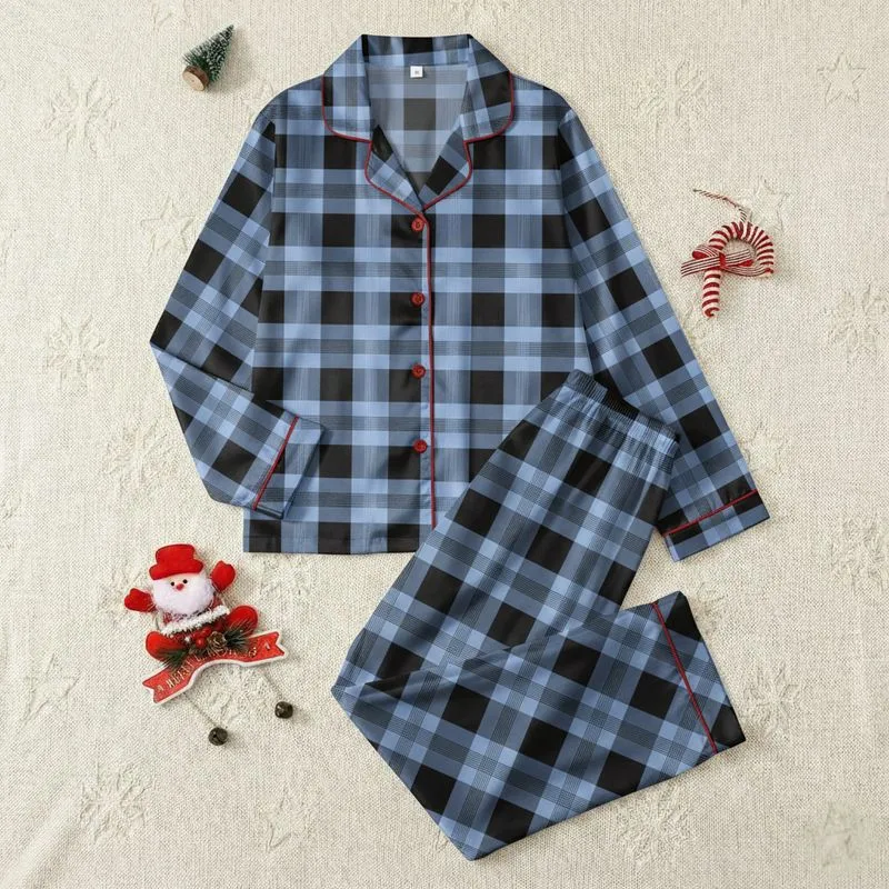 Women's Geometric Black Sky Blue Intersecting Bands Slate Blue Crisp Lines Satin Pajamas Set - 1