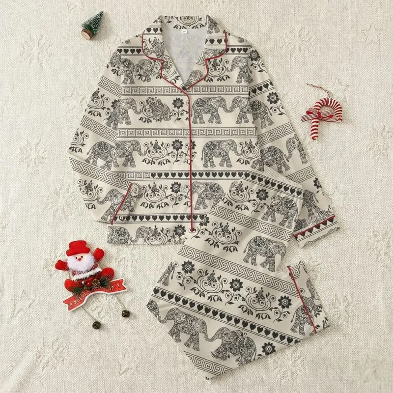 Women's Light Beige Black Ornamental Stylized Elephant Greek Key Floral Vine Heart Pattern Satin Pajamas Set - 1
