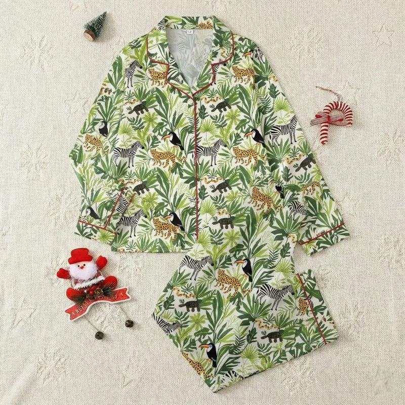 Women's Vibrant Off-White Jungle Wildlife Botanical Pattern: Exotic Animals, Lush Tropical Foliage, Natural History Illustration Style Satin Pajamas Set - 1