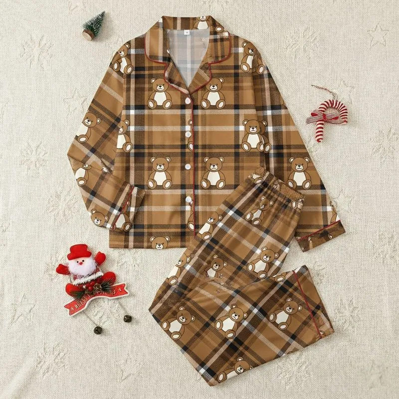 Women's Tartan Plaid Caramel Chocolate Black White Cartoon Teddy Bear Pattern Satin Pajamas Set - 1