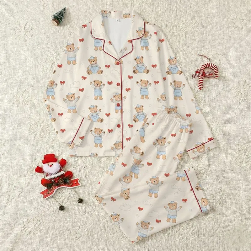 Women's Creamy Off-White Muted Brown Teddy Bear & Red Bow Dreamy Pattern with White Stars & Clouds Satin Pajamas Set - 1