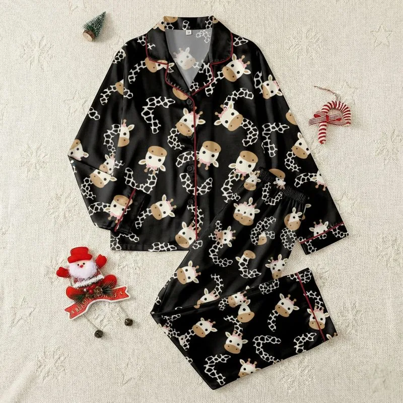 Women's Playful Black & Cream Giraffe Heads with Pink Bows & Animal Spots Pattern Satin Pajamas Set - 1