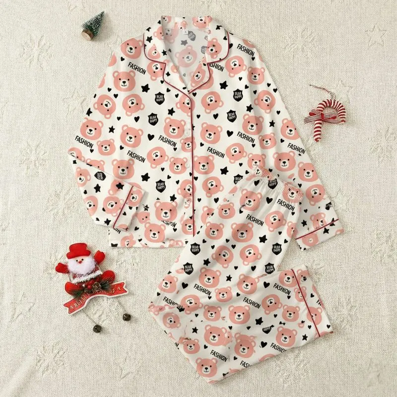 Women's Whimsical Creamy Off-White Seamless Peachy Pink Bear Faces Black Hearts Stars 'FASHION' Graphic Satin Pajamas Set - 1