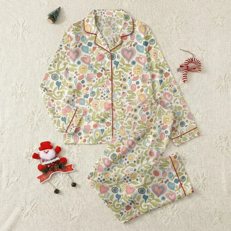 Women's Whimsical Retro Folk Art Layered Hearts Leafy Vines Pastel Pink Sky Blue Pattern Satin Pajamas Set - 1