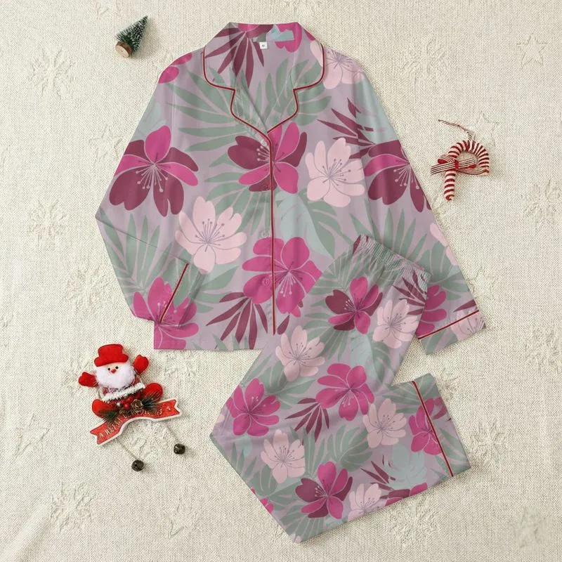 Women's Stylized Tropical Floral Seamless Pattern in Fuchsia Pink, Deep Maroon & Sage Green on Lavender-Pink Satin Pajamas Set - 1