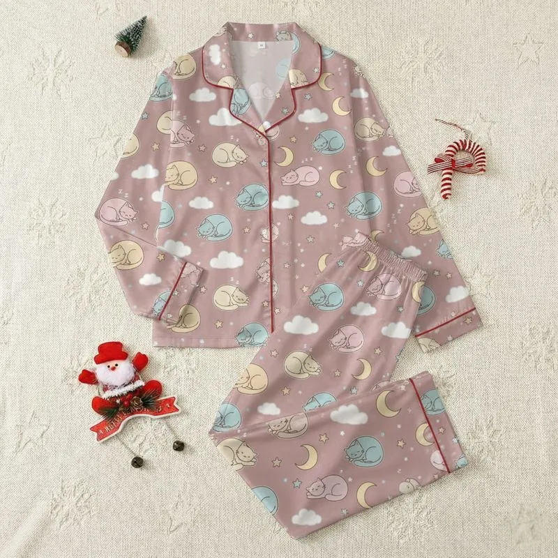 Women's Dusty Rose Pastel Cartoon Sleeping Cat Moon Star Cloud Gentle Pattern Satin Pajamas Set - 1