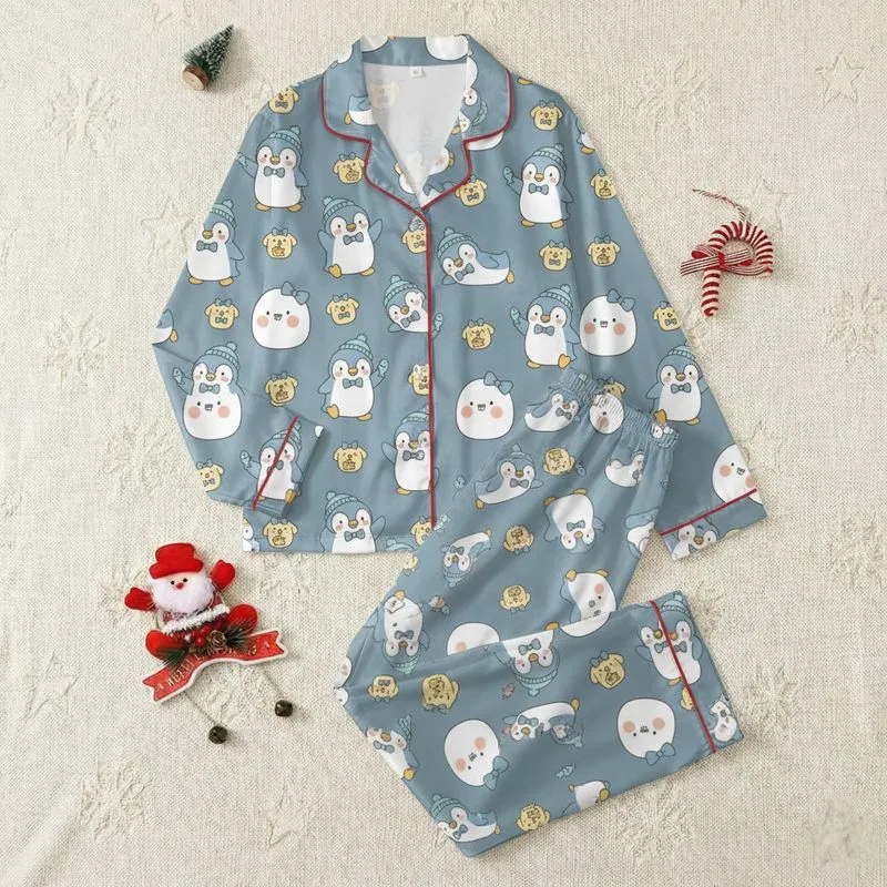 Women's Playful Light Blue Hat Penguin, Yellow Dog, & White Bow Head Repeating Pattern on Muted Blue-Gray Satin Pajamas Set - 1