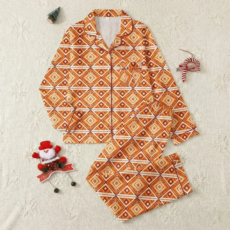 Women's Vibrant Tribal Geometric Warm Orange Cream Interlocking Diamond Zigzag Pattern Satin Pajamas Set - 1
