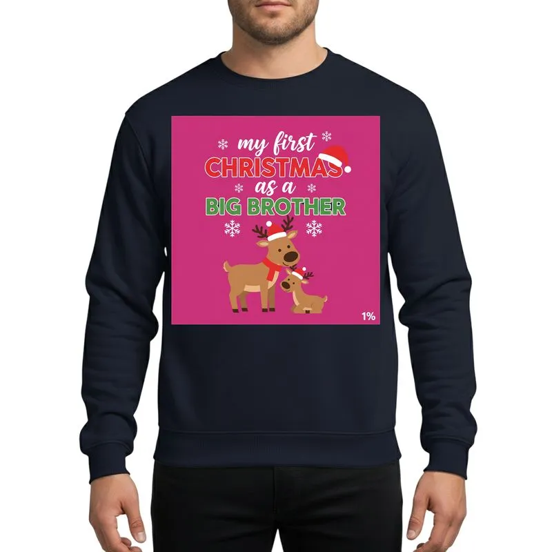 Kids' Whimsical 'My First Christmas As Big Brother' Red Green Text, Cartoon Reindeers, Snowflakes Sweatshirt - 1