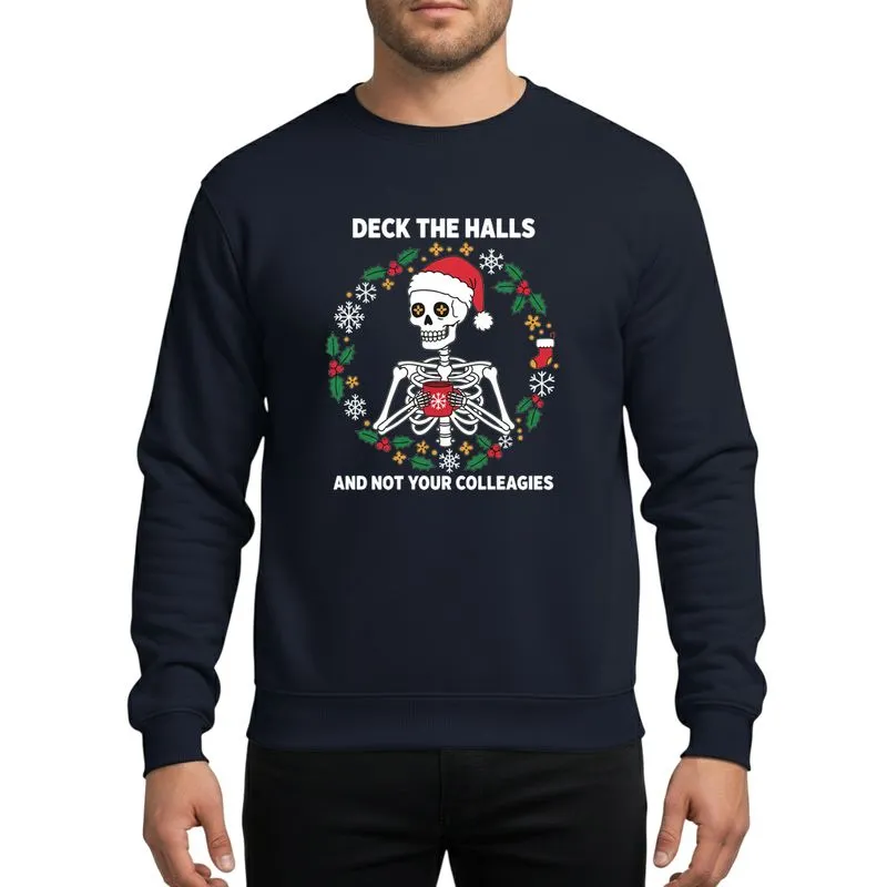 Holiday Humor Fans' White Skeleton Red Santa Hat Holly Berry Snowflake 'Deck The Halls' Art Sweatshirt - 1
