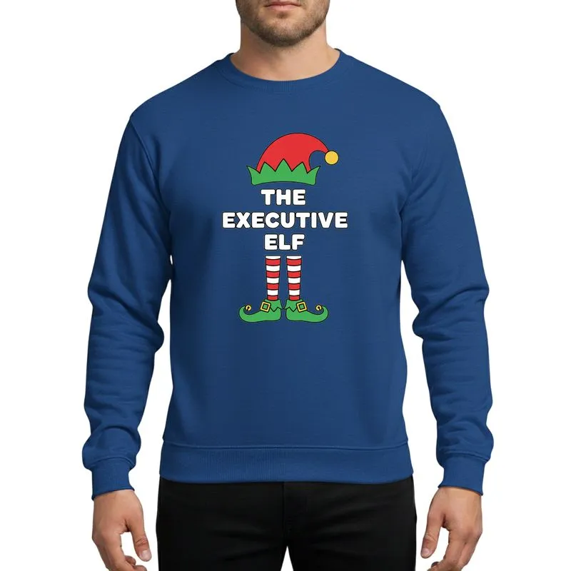 Festive Family Fun' Executive Elf Cartoon with 'THE EXECUTIVE ELF' Text, Red Green Striped Legs, Yellow Bell Shoes Sweatshirt - 1