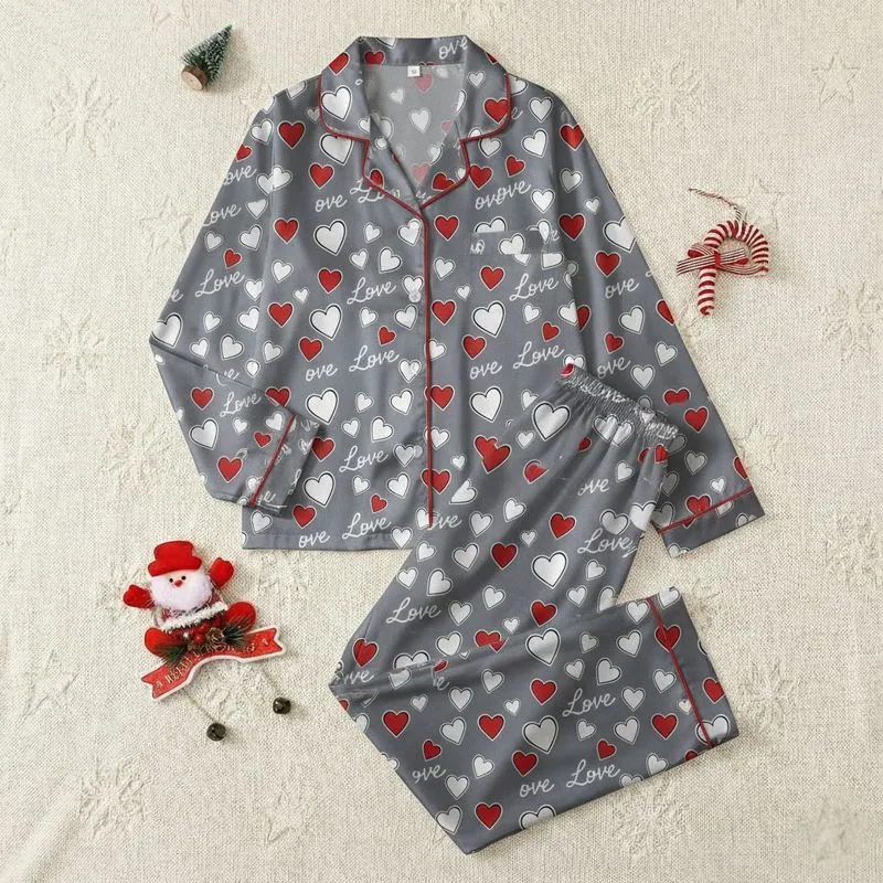 Women's Muted Gray White & Red Hearts Love Script Seamless Pattern Satin Pajamas Set - 1
