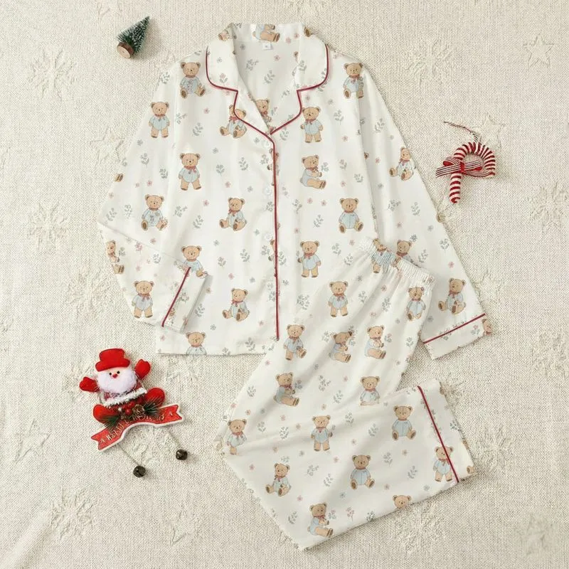 Women's Whimsical Tan Teddy Bear, Blue-Grey Outfit, Pastel Floral Cream Background Pattern Satin Pajamas Set - 1