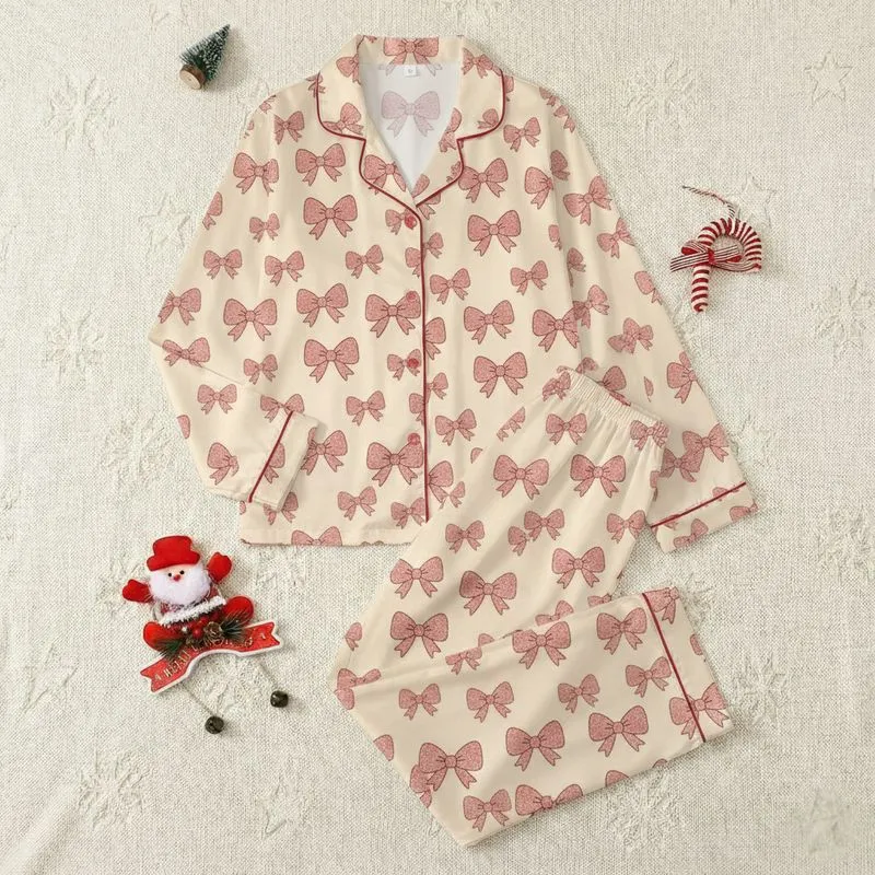 Women's Whimsical Cream & Dusty Rose Scattered Bows Speckled Sequin Art Pattern Satin Pajamas Set - 1