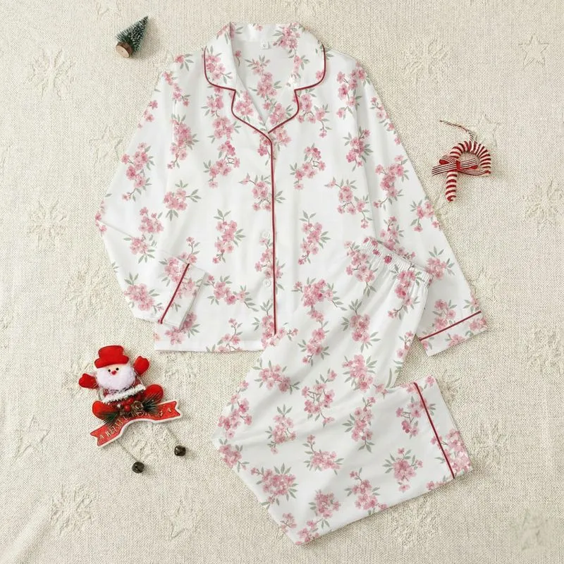Women's Delicate Hand-Drawn Cherry Blossom Pastel Pink Fuchsia Floral Sage Leaf Pattern on White Satin Pajamas Set - 1