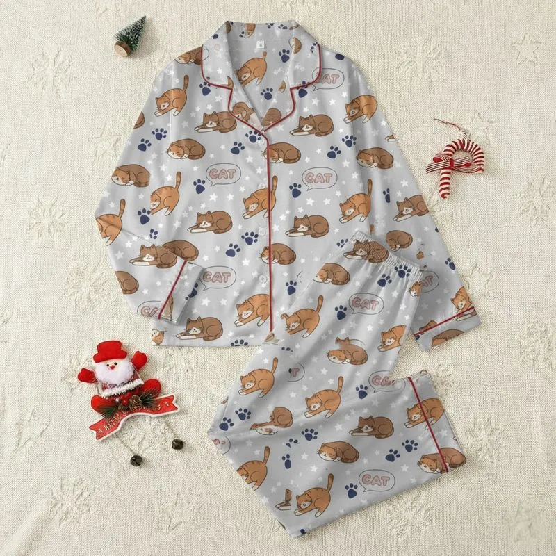 Women's Whimsical Caramel Brown Cartoon Cats, Light Grey Paw Prints & Muted Pink 'CAT' Speech Bubbles Satin Pajamas Set - 1