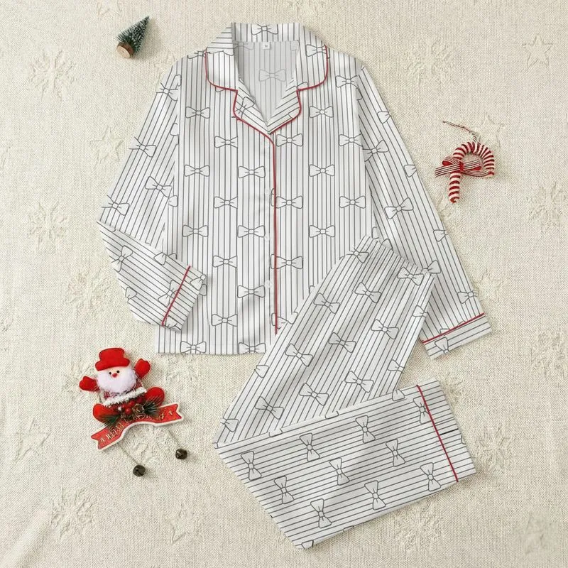 Women's Pristine White Thin Black Vertical Stripe Repeating Bow Tie Line Art Satin Pajamas Set - 1