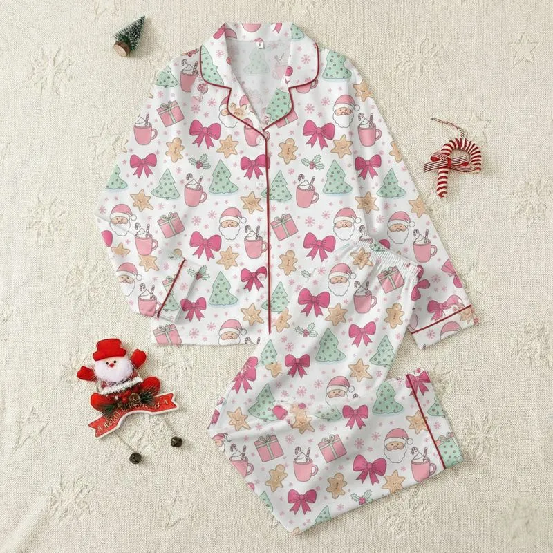 Women's Whimsical Pink Santa, Gingerbread, Mint Tree & Fuchsia Bow Pattern Satin Pajamas Set - 1