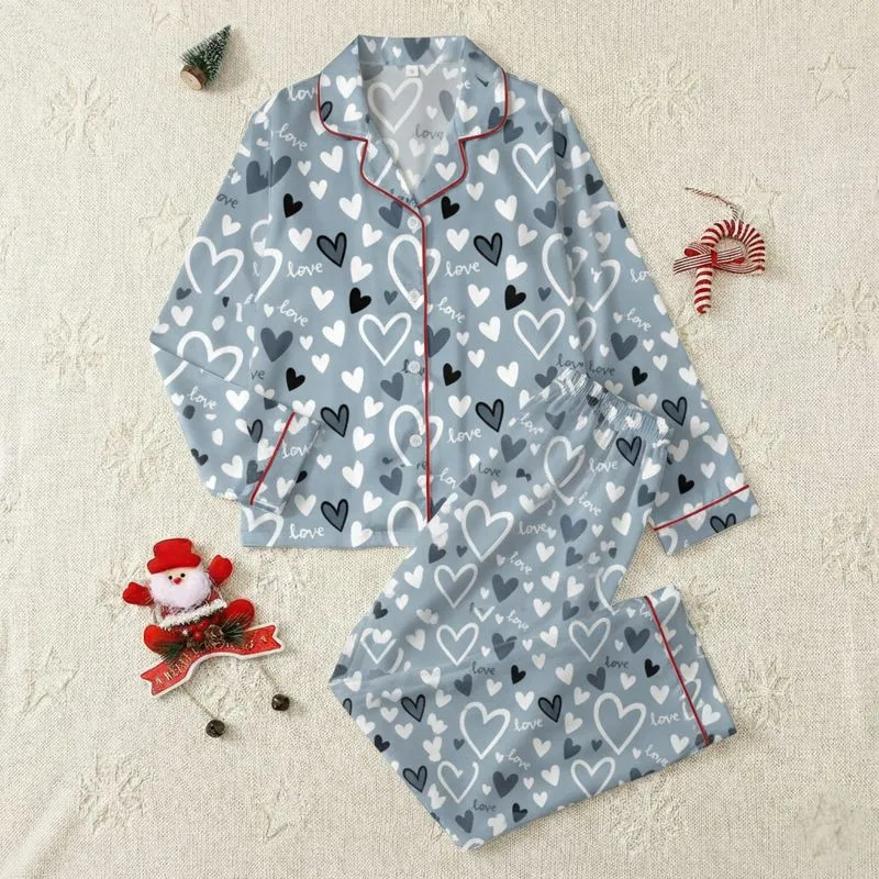 Women's Muted Light Blue Hand-Drawn Hearts Floating Cursive Love Script Pattern Satin Pajamas Set - 1